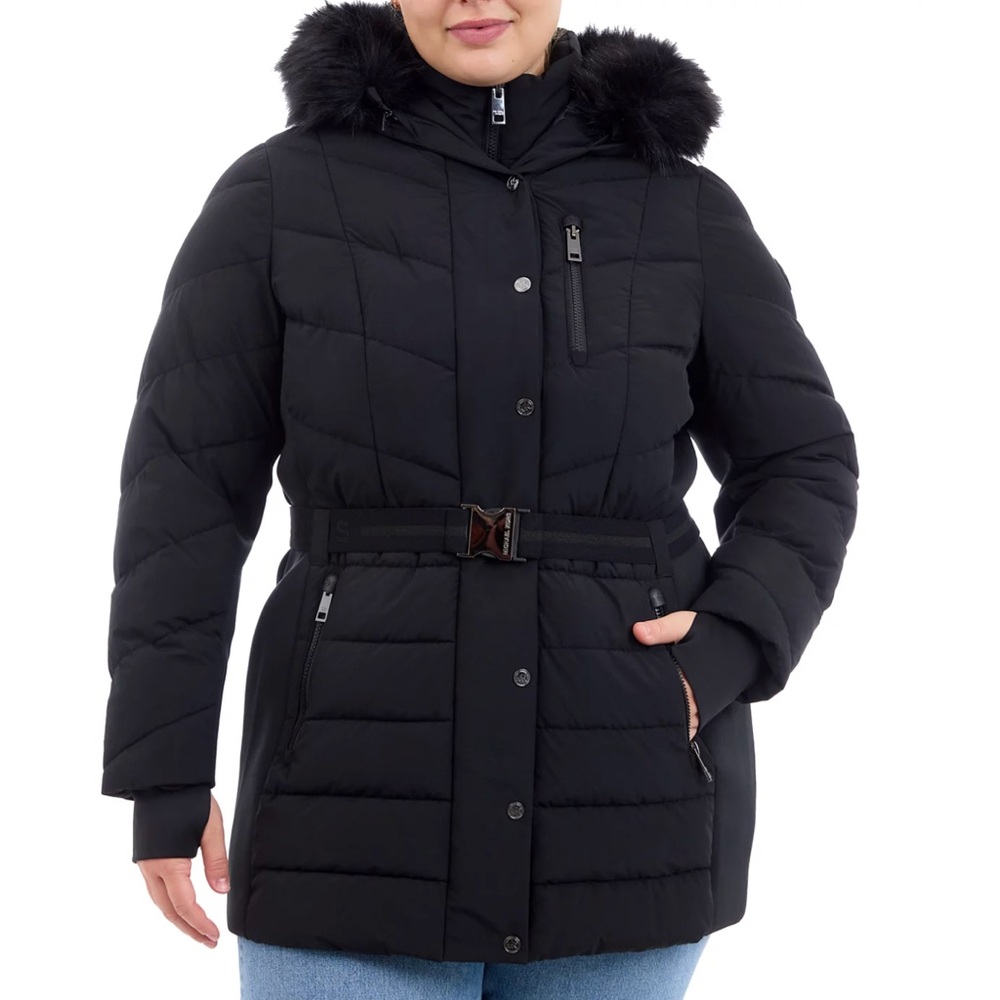 Michael Kors Plus Women's Black Quilted Jacket with Faux Fur Hood